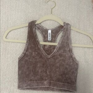 Zenana Outfitters Brown Velvet Ribbed Crop Top